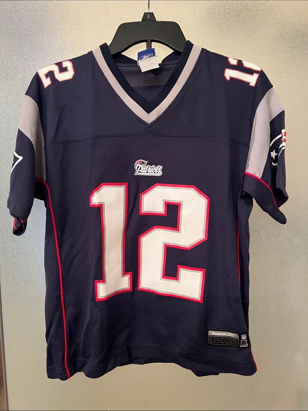 Reebok Navy Patriots #12 Women’s Football Jersey with White & Red Accents